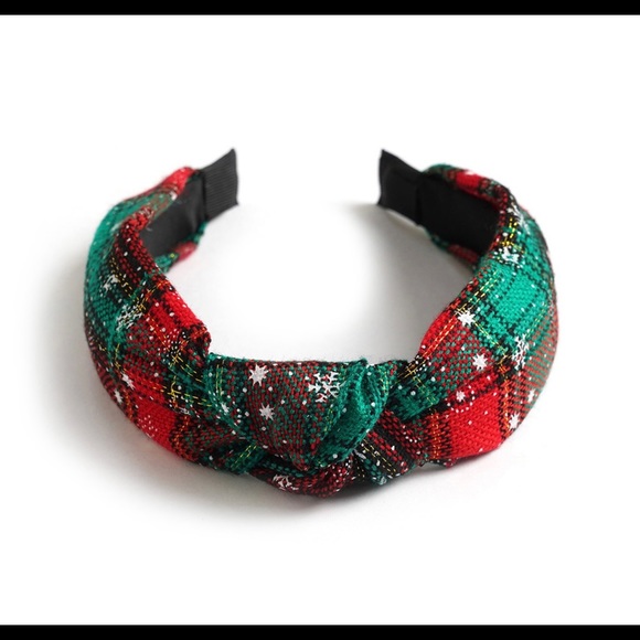 New Christmas Holiday fabric top knot Red black Buffalo plaid flexible headband - Picture 8 of 12